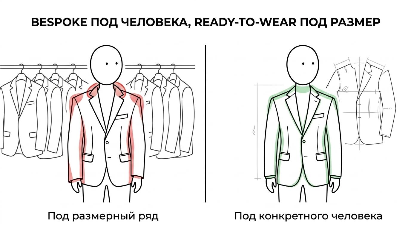 Сравнение bespoke пиджака и ready-to-wear по выкройке, примеркам, посадке, срокам и бюджету