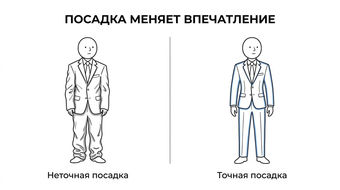 Сравнение двух похожих образов: один костюм сидит точно по плечам, талии и длине, второй выглядит мешковато и даёт складки.