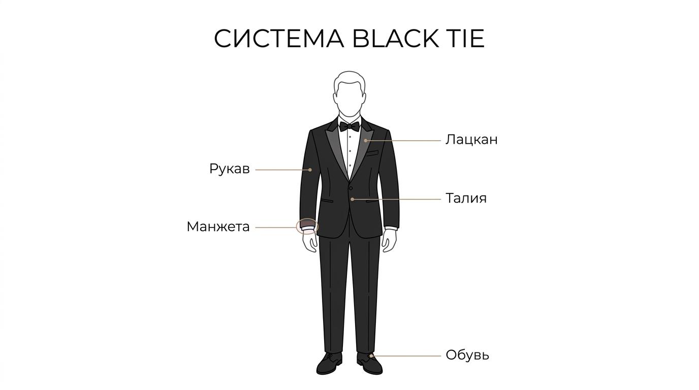Схема мужского black tie образа с подписями: чёрная бабочка, рубашка с французскими манжетами и запонками, смокинг и талия без ремня.